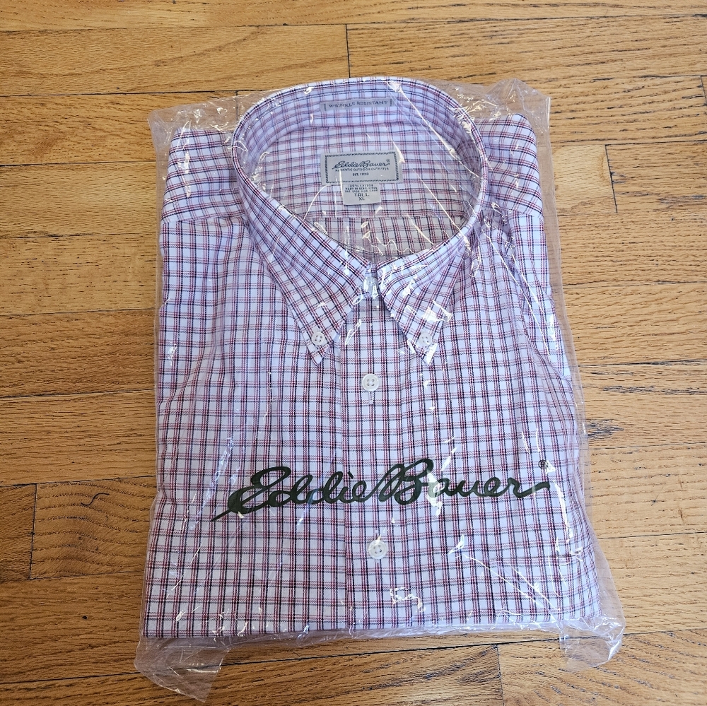 New Eddie Bauer Red Checkered Long Sleeve Button Down Shirt Men's Size XL Tall